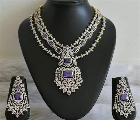 Two tone cz white-purple block stone necklace set dj-48998 – dreamjwell
