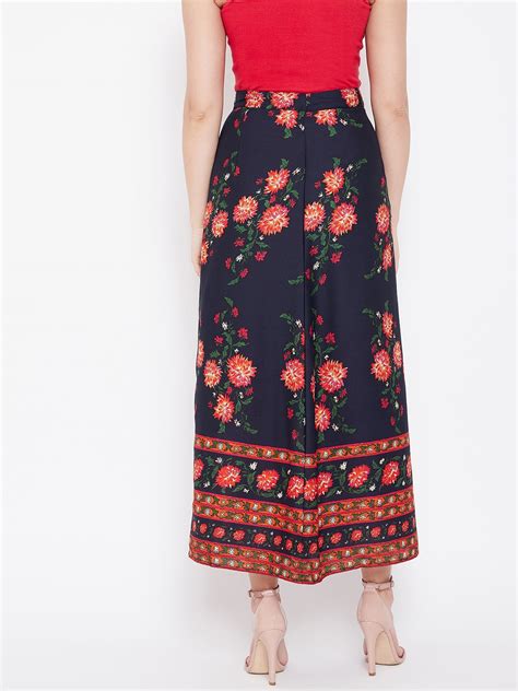 Women Navy Blue Floral Printed A-Line Maxi Skirt - Berrylush