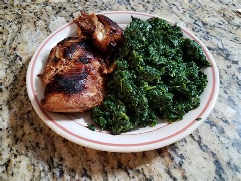 Soy Sauce Marinated Chicken w/ Side of Parmesan and Garlic Spinach : r ...