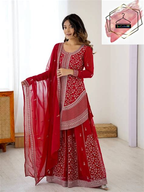 In.CottoM- RED GEORGETTE - SEQUENCE & THREAD WITH PEARL WORK SHARARA S ...