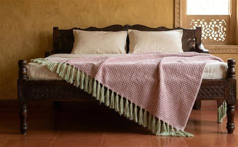 SAJAVAT HOME Hand Crafted Cotton Sofa Throw Blanket | Baby Pink & Beige ...