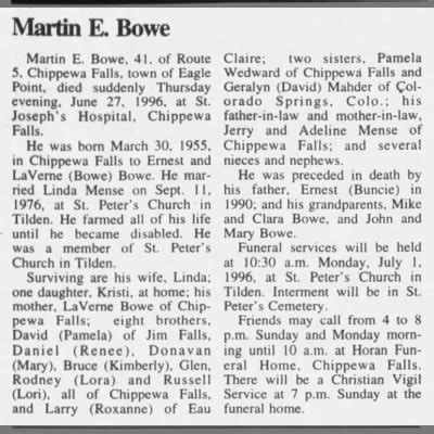 Obituary for Martin E. Bowe, 1955-1996 (Aged 41) - Newspapers.com™