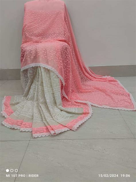 Peach and white Cotton Hakoba Chickenkari Work with Sequence ...