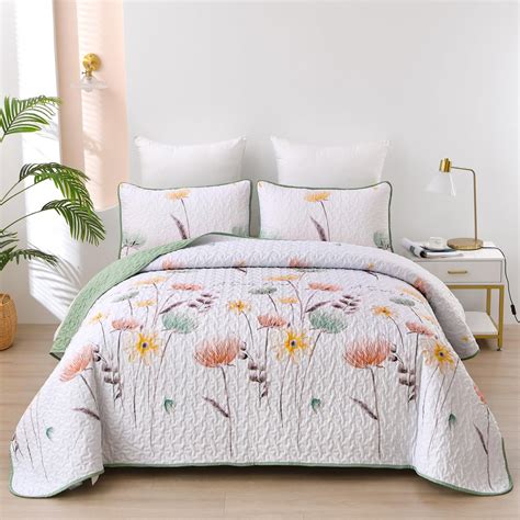 King Size Quilt Set Floral,3 Pieces Green & Yellow Quilts Coverlet Set ...