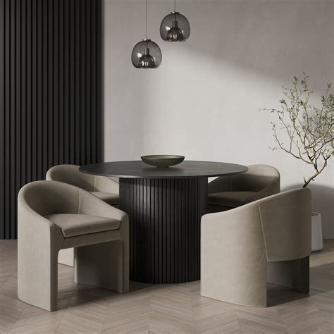 Round Black Oak Dining Table Set with 4 Mink Velvet Chairs - Seats 4 ...