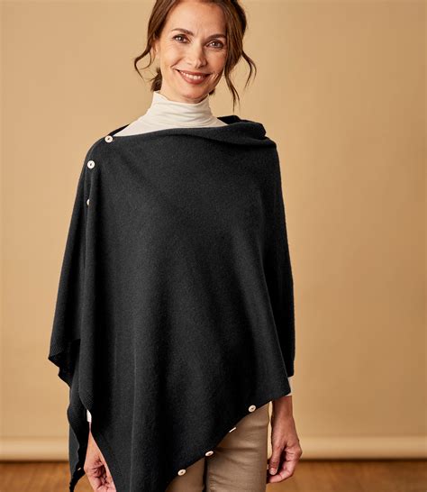 Black | Womens Cashmere & Merino Button Poncho | WoolOvers UK