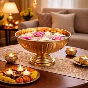 Buy Pure Source India Decorative Metal Urli Bowl, Round with Pedestal ...