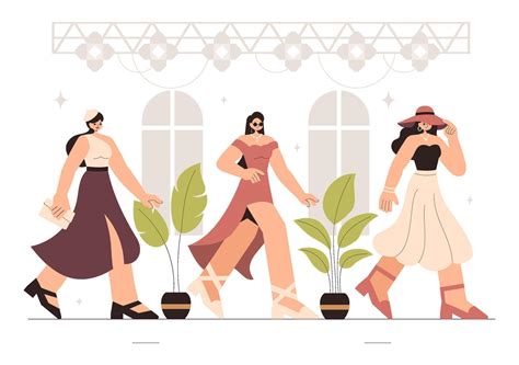 Fashion Catwalk Illustration Featuring Stylish Women in Modern Outfits ...