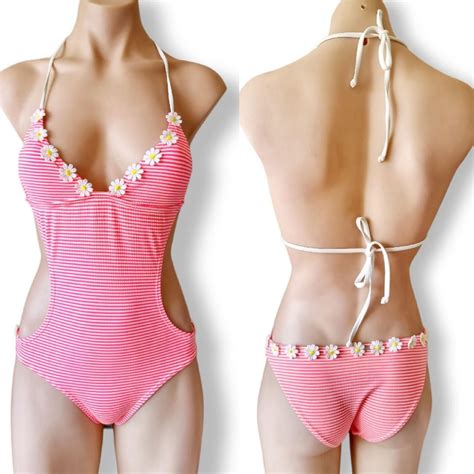 Women's Pink and White Swimsuit-one-piece | Depop