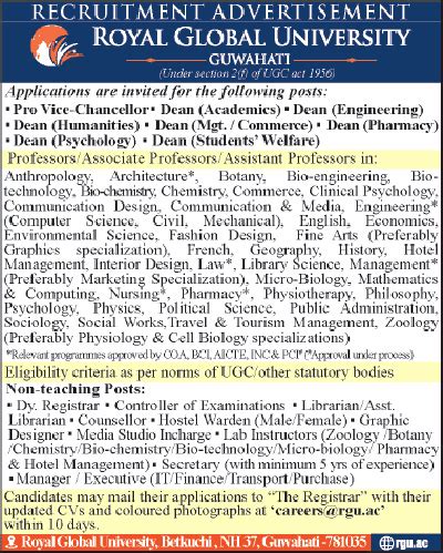 Royal Global University Faculty Jobs 2019 in Biotech/Life Sciences