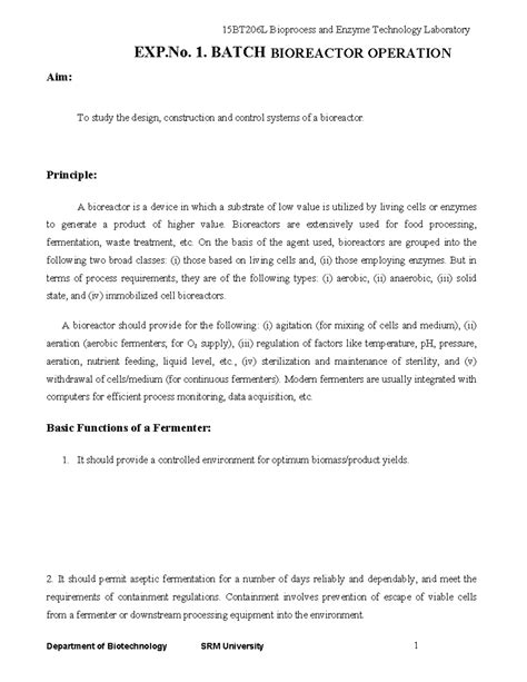 BPE UNIT 1 5 - EXP. 1. BATCH BIOREACTOR OPERATION Aim: To study the ...
