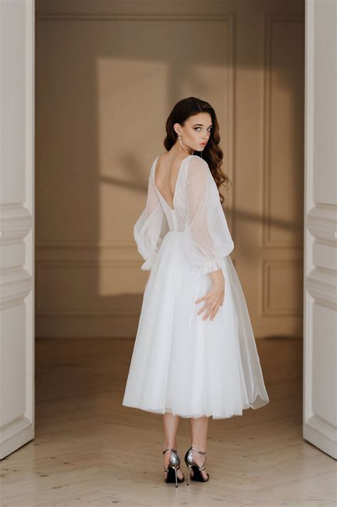 Midi wedding dressV-neck tulle bridal gownlong sleeves gowncivil wedding dress | Midi wedding ...
