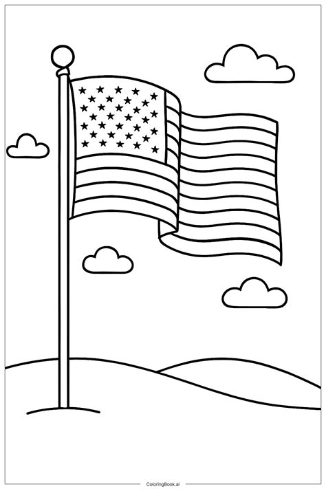 Waving American Flag On Pole Coloring Page (Free PDF&PNG Printable)