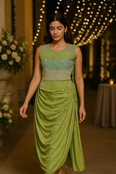 Green Indo Western with Pleated Skirt and Cape – Lavanya India