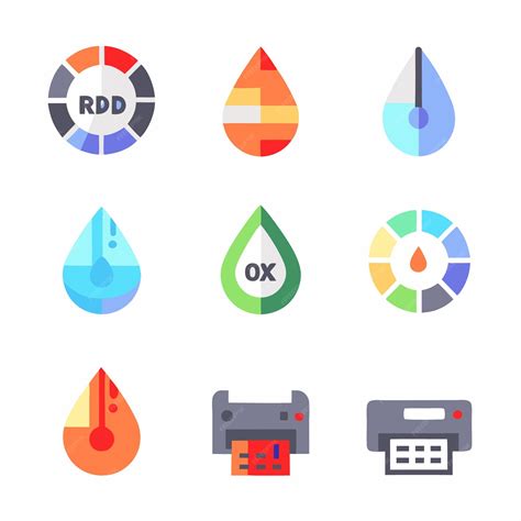 Set of color palette printing ink drop and PDF icons for graphic design and print production ...