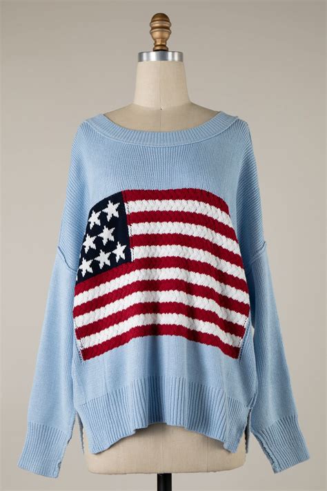 Light Blue American Flag Oversized Sweater Top | Boho Pink