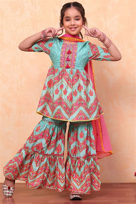 Turquoise Cotton Ikat Printed Peplum Flared Suit Set at Biba India