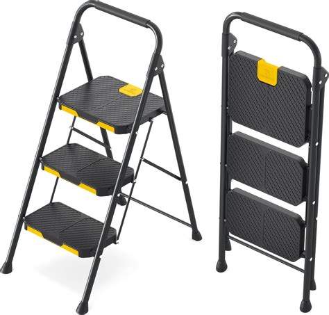 KINGRACK 3 Step Ladder, Sturdy Steel Step Stool with Safe-Lock Design ...