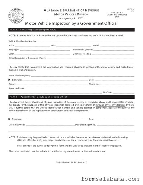 Alabama Vin Inspection Form - Simple PDF Template
