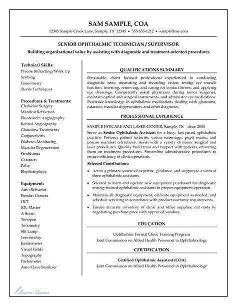 Kostenloses SENIOR OPHTHALMIC TECHNICIAN / SUPERVISOR RESUME
