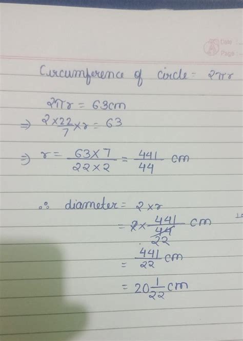 find the diameter of a circle whose circumference is 63 cm - Brainly.in