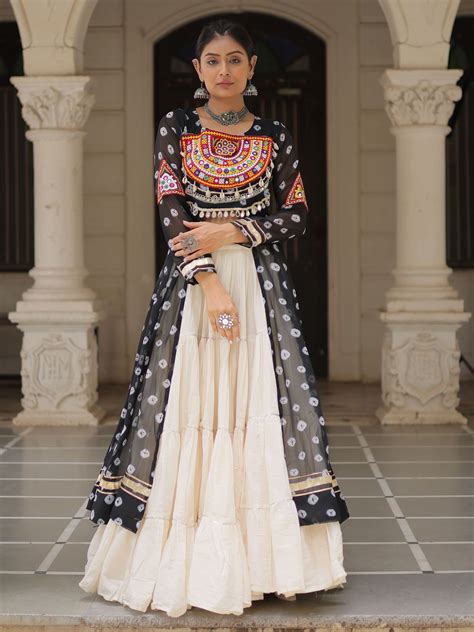 Black Bandhani Print Kurti with Kutchi Patchwork Kora Cotton Lehenga ...