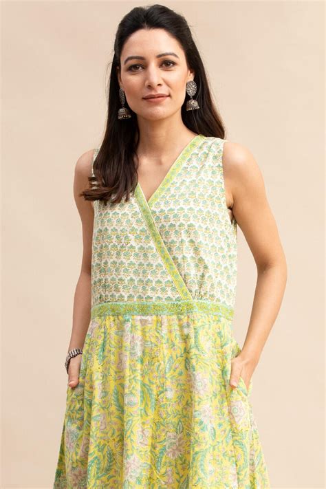 Buy Yellow Block-Printed Cotton Dress | Yellow Dress for Women | Farida ...