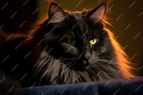 Premium Vector | A long haired black cat with yellow eyes
