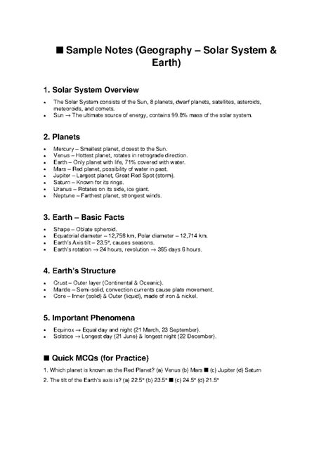 Geography Notes: Solar System Overview & Earth Facts - Studocu