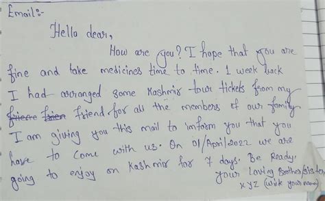 write an email to your cousin sister informing about the tour of ...