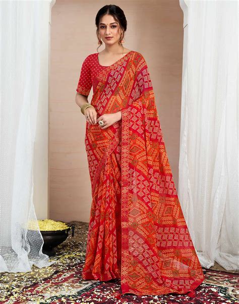 Red Chiffon Printed Bandhani Saree – Sudathi