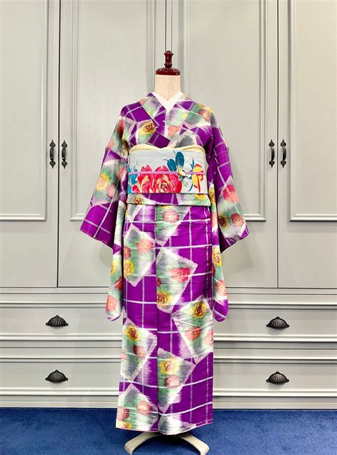 薔薇の絵手紙＊アンティーク銘仙キモノ A192 | kimono tento