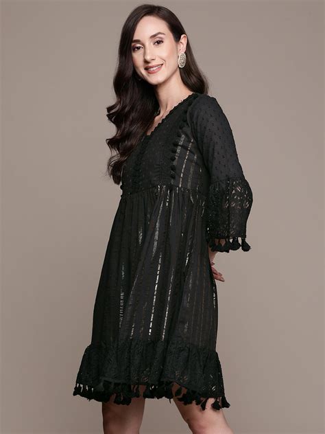 Buy Ishin Women's Black Lurex Embellished A-Line Dress Online