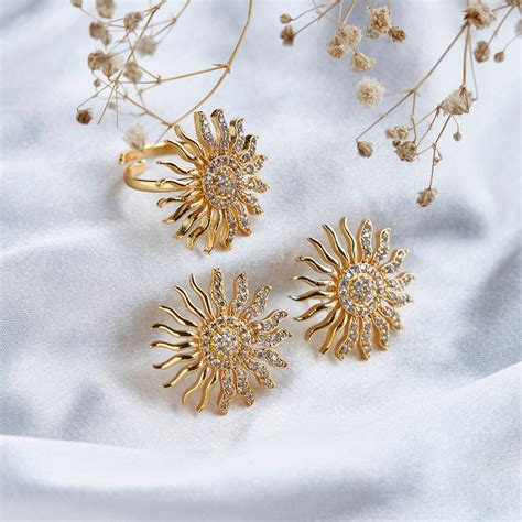 Gold Plated Sun Flare Ring & Studs Combo Set (Pack of 2) - Opal Touch
