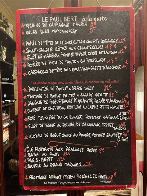 Menu at Bistrot Paul Bert restaurant, Paris