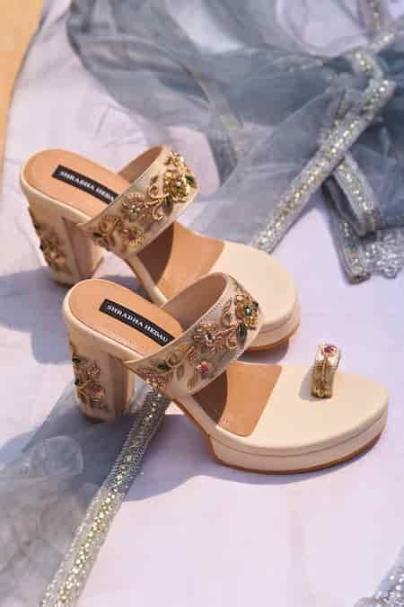 Buy Beige Cut Work, Pearls, Sequins, Beads Riona Embellished Kolhapuri ...