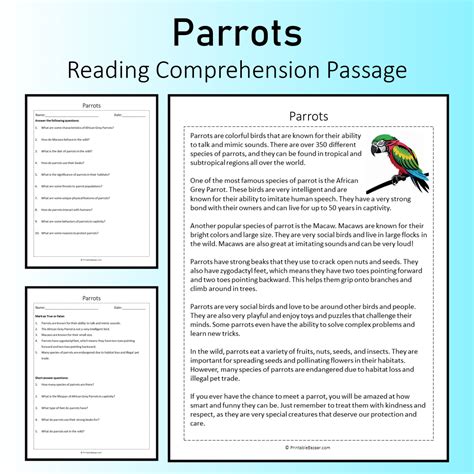 Parrots | Reading Comprehension Passage Printable Worksheet ...