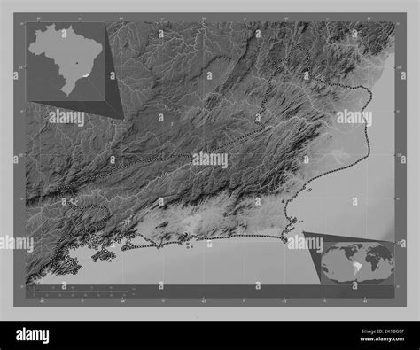 Rio de Janeiro, state of Brazil. Grayscale elevation map with lakes and rivers. Corner auxiliary ...