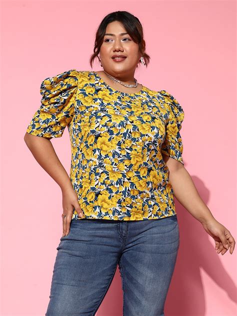 Women Plus Size Yellow & Navy Blue Floral Printed Round Neck Crepe ...