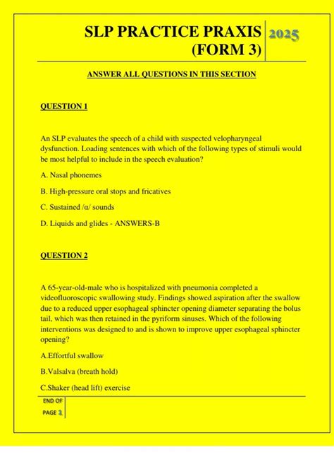 SLP PRACTICE PRAXIS (FORM 3) QUESTIONS AND ANSWERS 2025 - SLP PRACTICE ...