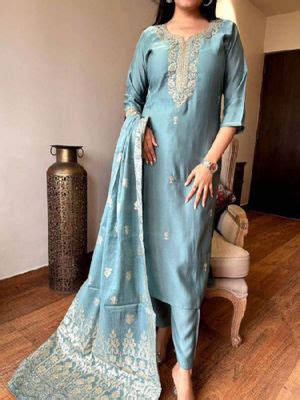 Buy BLACK SCISSOR Chanderi Viscose Fabric Embroidered Kurta with Bottom ...