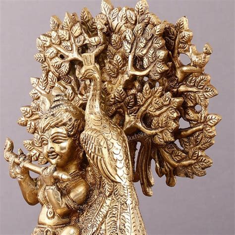 Buy Pure Brass Baal Gopal Krishna Playing Flute Under Tree with Peacock ...