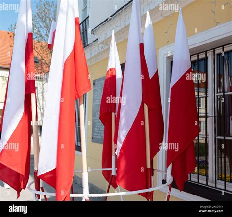 Red and white flags set close together. Symbol and Polish national ...