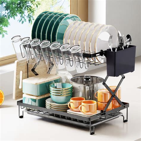 Sisliya Rustproof Collapsible Dish Drying Rack,2 Tier Large Dish Rack ...