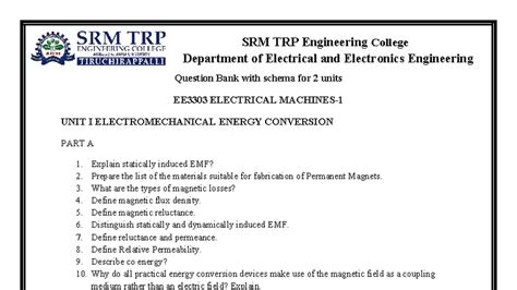 EE3303 Electrical Machines I Question Bank with Schema for 2 Units ...