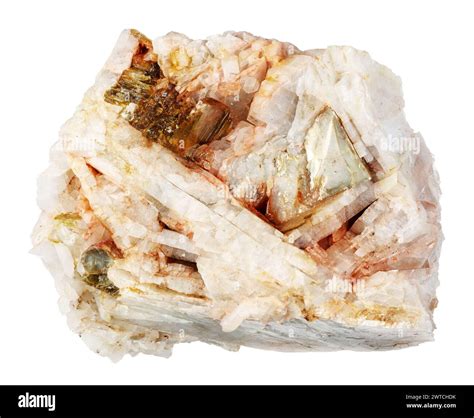 specimen of natural raw albite rock with muscovite mica cutout on white ...