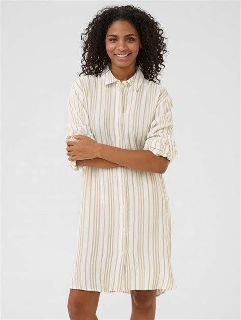 KAFFE Milia Stripe Linen Blend Knee Length Shirt Dress, Beige
