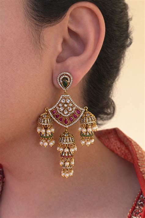 Grand Multi-Jhumka Chandelier Earrings with Rubies & Emeralds ...