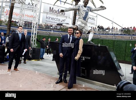 The David Beckham statue at Legends Plaza at Dignity Health Sports Park in Los Angeles.