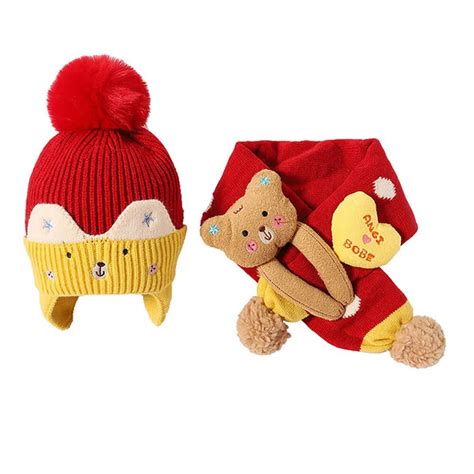 Red & Yellow Bear Winter Cap & Neck Muffler Set - Little Surprise Box